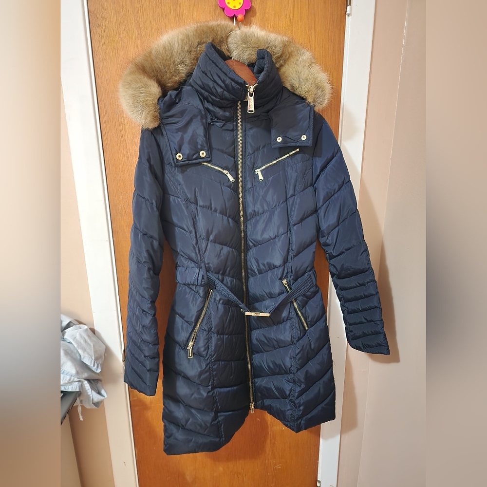 Micheal Kors Women's Navy Puffer Coat with Faux Fur Trim